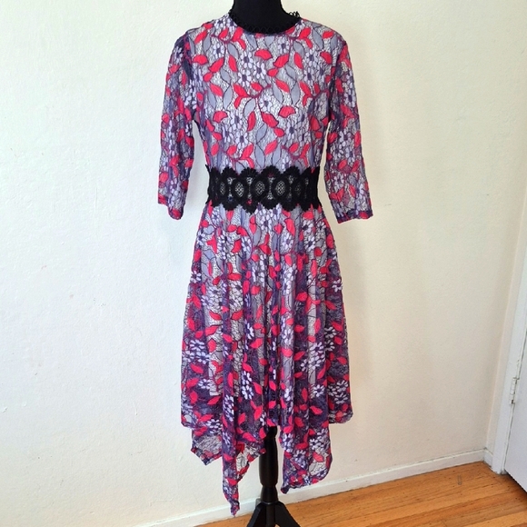 Elegant Floral Lace Midi A Line Dress with Black Accents and Unique Design - Picture 1 of 14